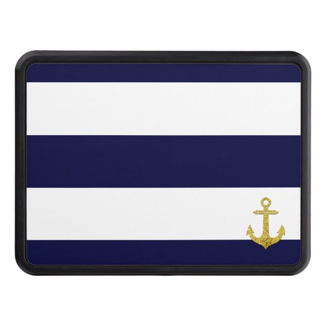 Gold anchor nautical stripes  hitch cover (Front)