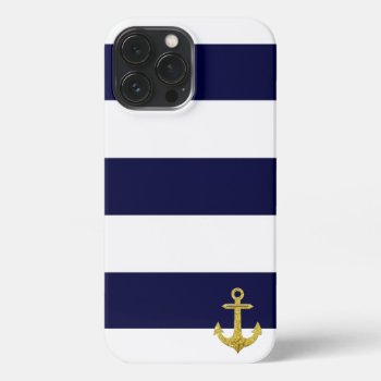 Gold Anchor Nautical Stripes  Iphone 13 Pro Max Case by parisjetaimee at Zazzle