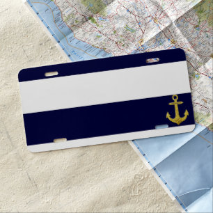 Gold anchor nautical stripes license plate