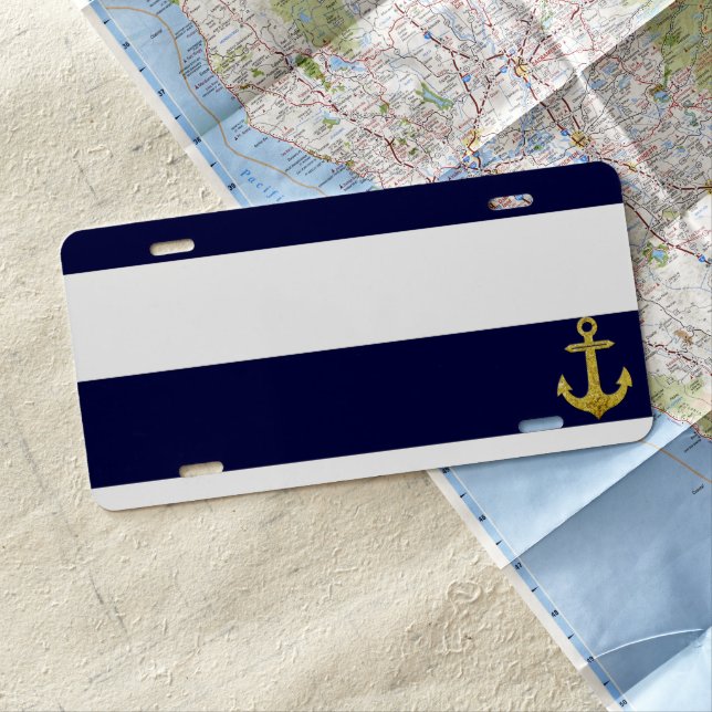 Gold anchor nautical stripes license plate (In Situ)