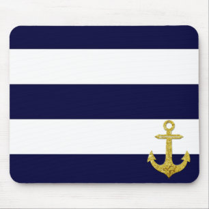 Gold anchor nautical stripes mouse pad