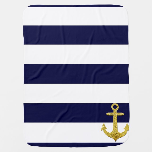 Gold anchor nautical stripes receiving blanket (Front)