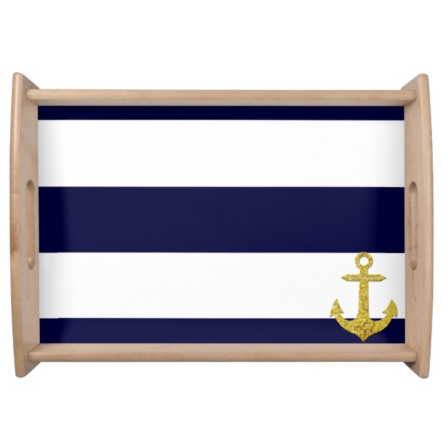 Gold anchor nautical stripes serving tray (Front)
