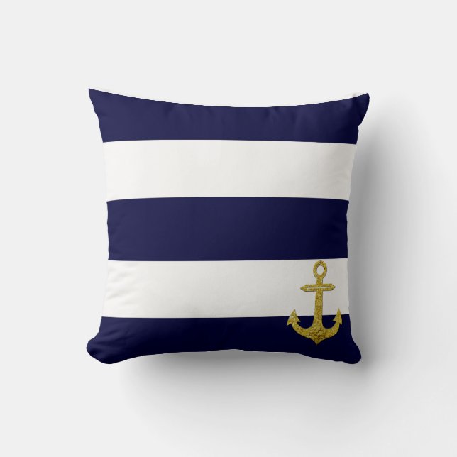 Gold anchor nautical stripes throw pillow (Front)