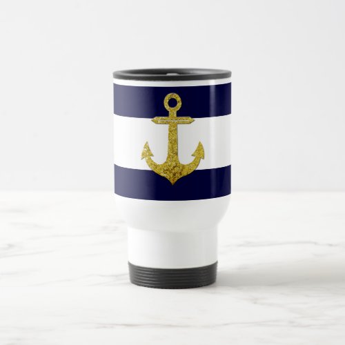 Gold anchor nautical stripes travel mug