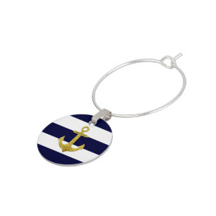 Gold anchor nautical stripes wine glass charm