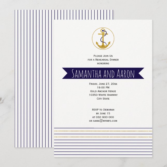 Gold anchor  nautical wedding rehearsal dinner invitation (Front/Back)