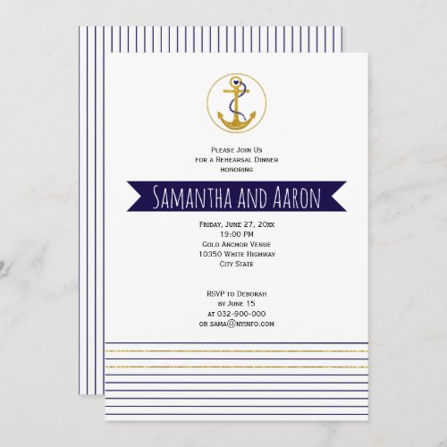 Gold anchor  nautical wedding rehearsal dinner invitation