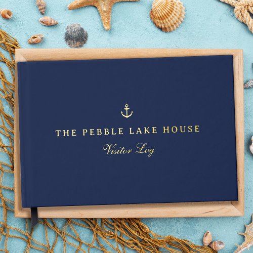 Gold Anchor Navy Blue Nautical Visitor Log Foil Guest Book