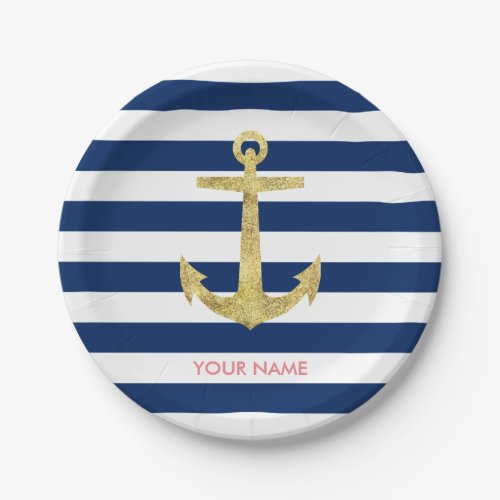 Gold Anchor Navy Blue Stripes Nautical Paper Plates
