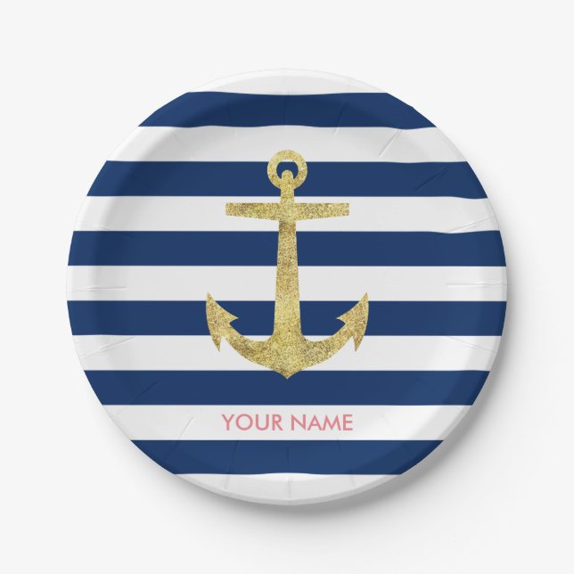 Gold Anchor Navy Blue Stripes Nautical Paper Plates (Front)