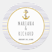Gold anchor & navy blue stripes nautical wedding classic round sticker