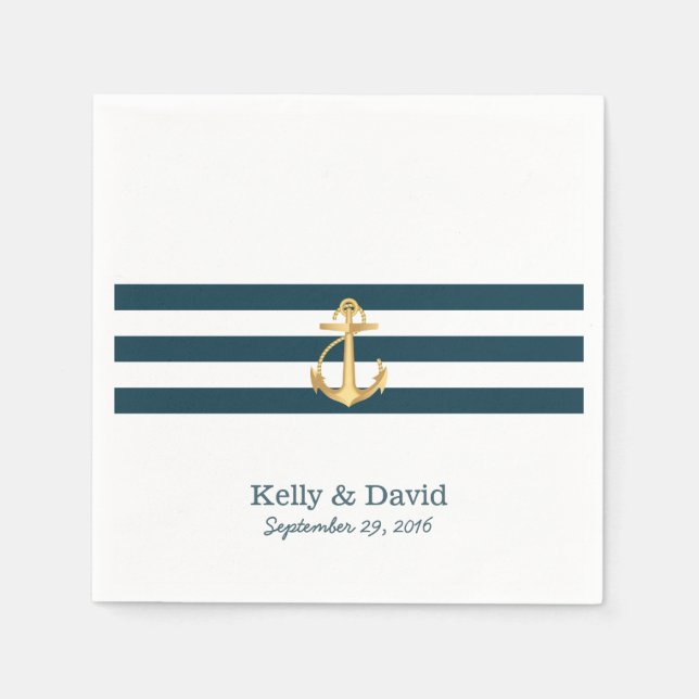 Gold Anchor Navy Blue Stripes Nautical Wedding Paper Napkins (Front)