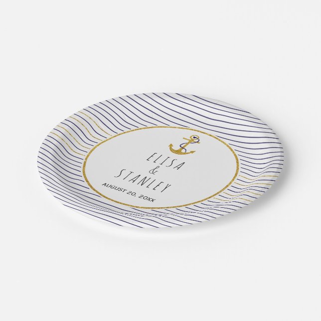 Gold anchor navy blue stripes nautical wedding paper plates (Angled)