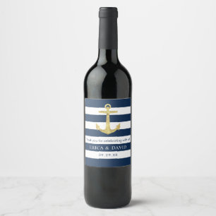 Gold Anchor Navy Blue Stripes Nautical Wedding Wine Label