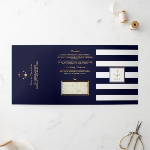 Gold Anchor Navy Blue  White Stripe Wedding Suite Tri_Fold Invitation