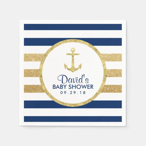 Gold Anchor Navy Gold Stripes Nautical Baby Shower Napkins
