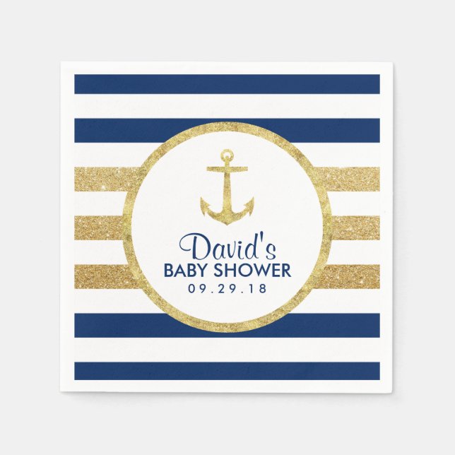 Gold Anchor Navy Gold Stripes Nautical Baby Shower Napkins (Front)