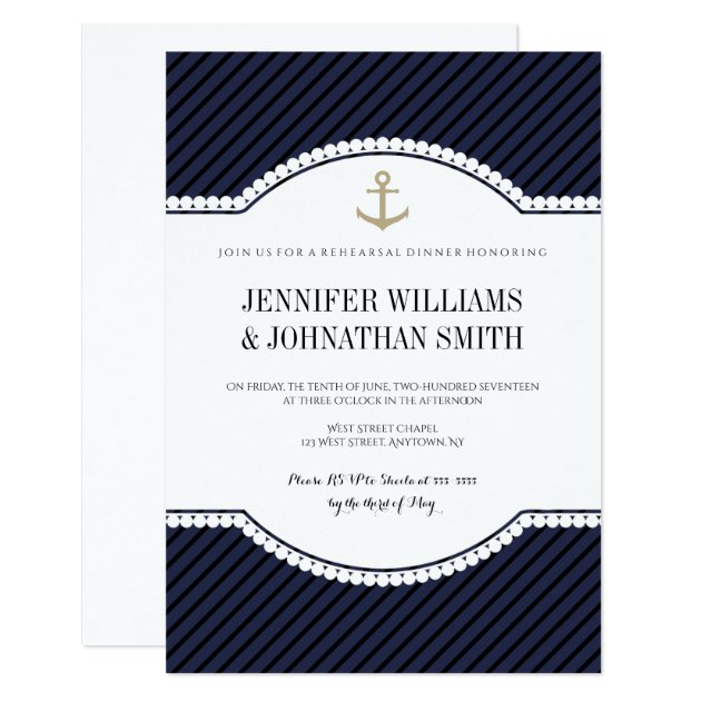 Gold Anchor Navy Rehearsal Dinner Invitations