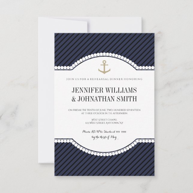 Gold anchor navy rehearsal dinner invitations (Front)
