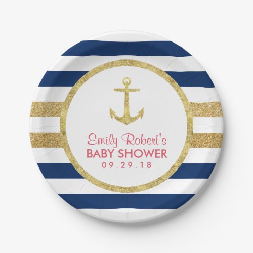 Gold Anchor Navy Stripes Nautical Baby Shower Paper Plates