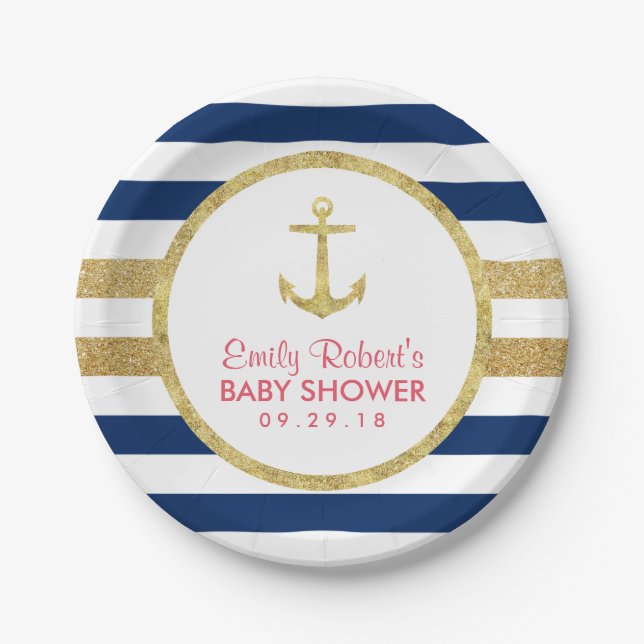 Gold Anchor Navy Stripes Nautical Baby Shower Paper Plates (Front)