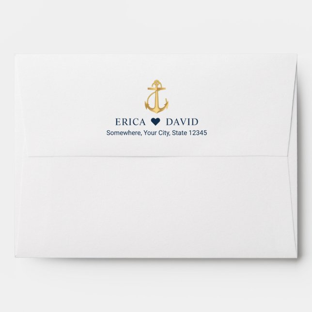 Gold Anchor Navy Stripes Nautical Wedding Envelope (Back (Top Flap))