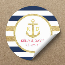 Gold Anchor Navy Stripes Nautical Wedding Favor Classic Round Sticker