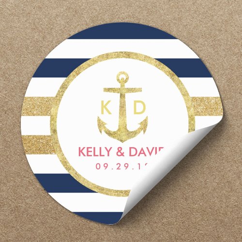 Gold Anchor Navy Stripes Nautical Wedding Favor Classic Round Sticker