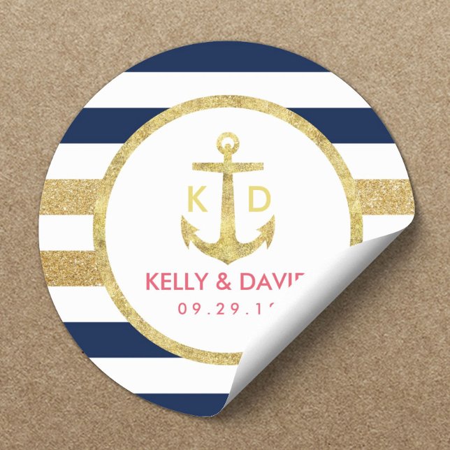 Gold Anchor Navy Stripes Nautical Wedding Favor Classic Round Sticker (Creator Uploaded)