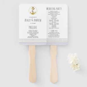 Gold anchor, navy stripes nautical wedding program hand fan