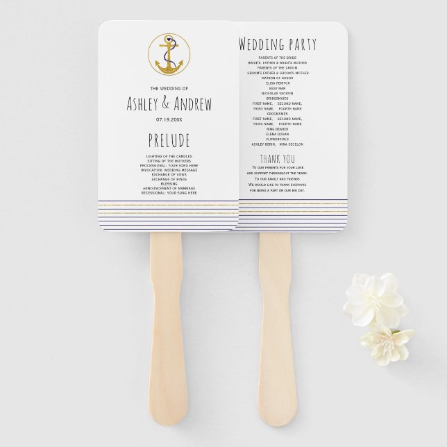 Gold anchor, navy stripes nautical wedding program hand fan (Front and Back)