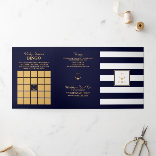 Gold Anchor Navy  White Stripe Baby Shower Suite Tri_Fold Invitation
