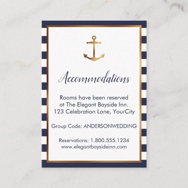 Gold Anchor Navy White Stripes Accommodation Cards (Front)