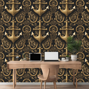 Gold Anchor on Black Background Peel and Stick Wallpaper
