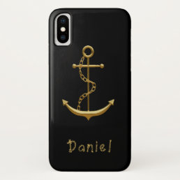 Gold anchor on black nautical name iPhone x case