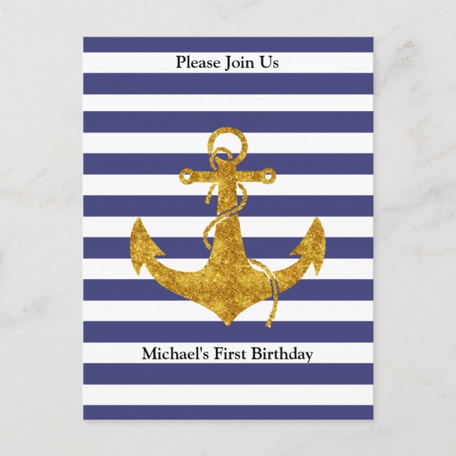 Gold Anchor on Blue Stripes Party Invitation Postcard (Front)