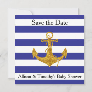 Gold Anchor on Blue Stripes Save the Date