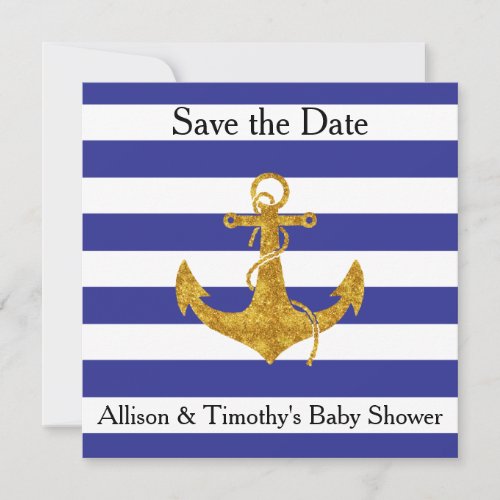 Gold Anchor on Blue Stripes Save the Date