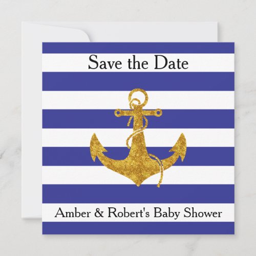 Gold Anchor on Blue Stripes Save The Date