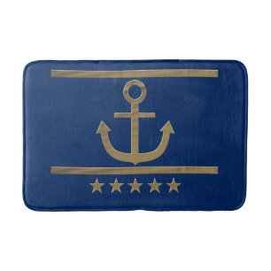 gold anchor on navy blue background bathroom mat
