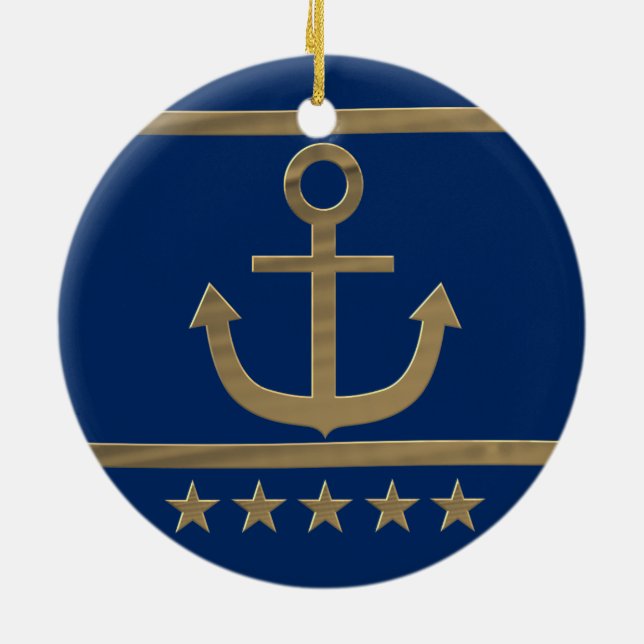 gold anchor on navy blue background ceramic ornament (Back)