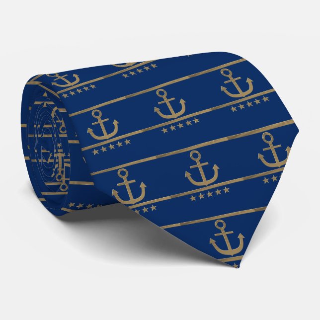 gold anchor on navy blue background neck tie (Rolled)