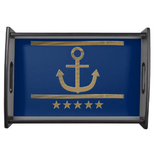 gold anchor on navy blue background serving tray