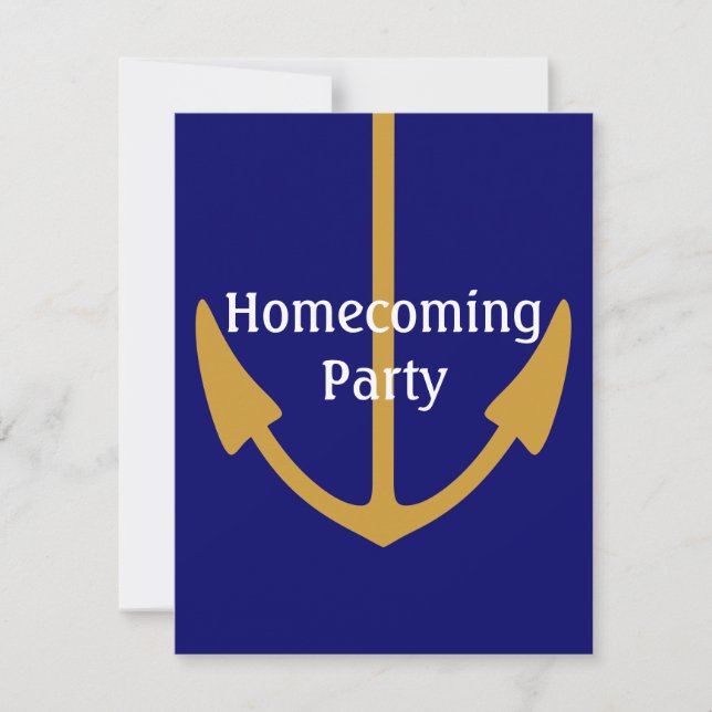 Gold anchor on Navy Blue Naval Party Invitations (Front)