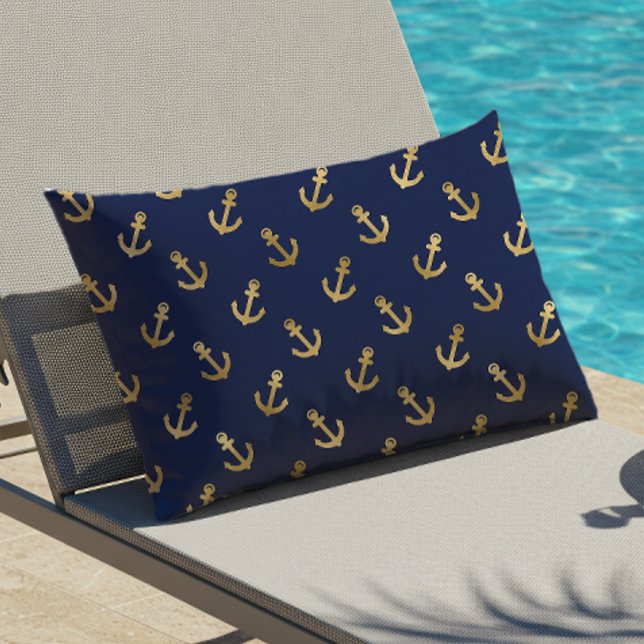 Gold Anchor Pattern Navy Blue Nautical Outdoor Lumbar Pillow (Creator Uploaded)