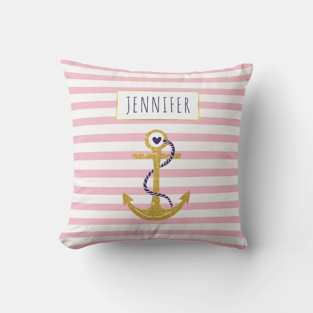 Gold  anchor pink striped pattern trendy nautical throw pillow (Front)