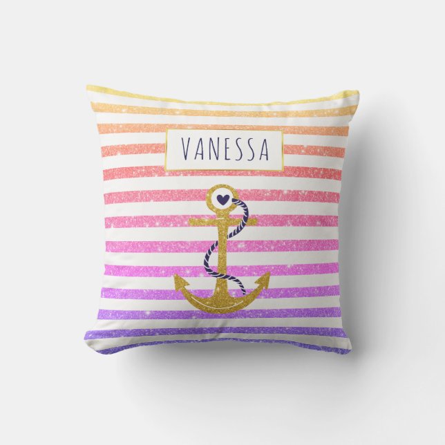 Gold  anchor rainbow striped pattern nautical throw pillow (Front)