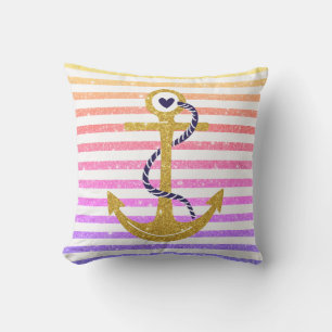 Gold anchor rainbow, white stripes nautical throw pillow