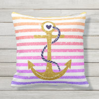 Gold anchor rainbow, white stripes nautical throw pillow